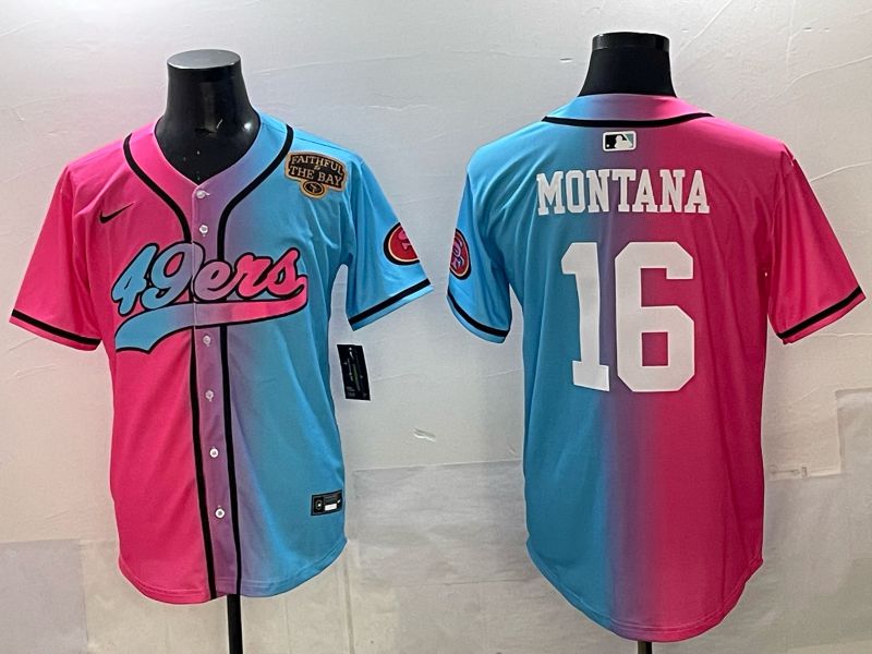 Men 2025 San Francisco 49ers 16 Montana Pink Blue Nike Limited NFL Jersey 06